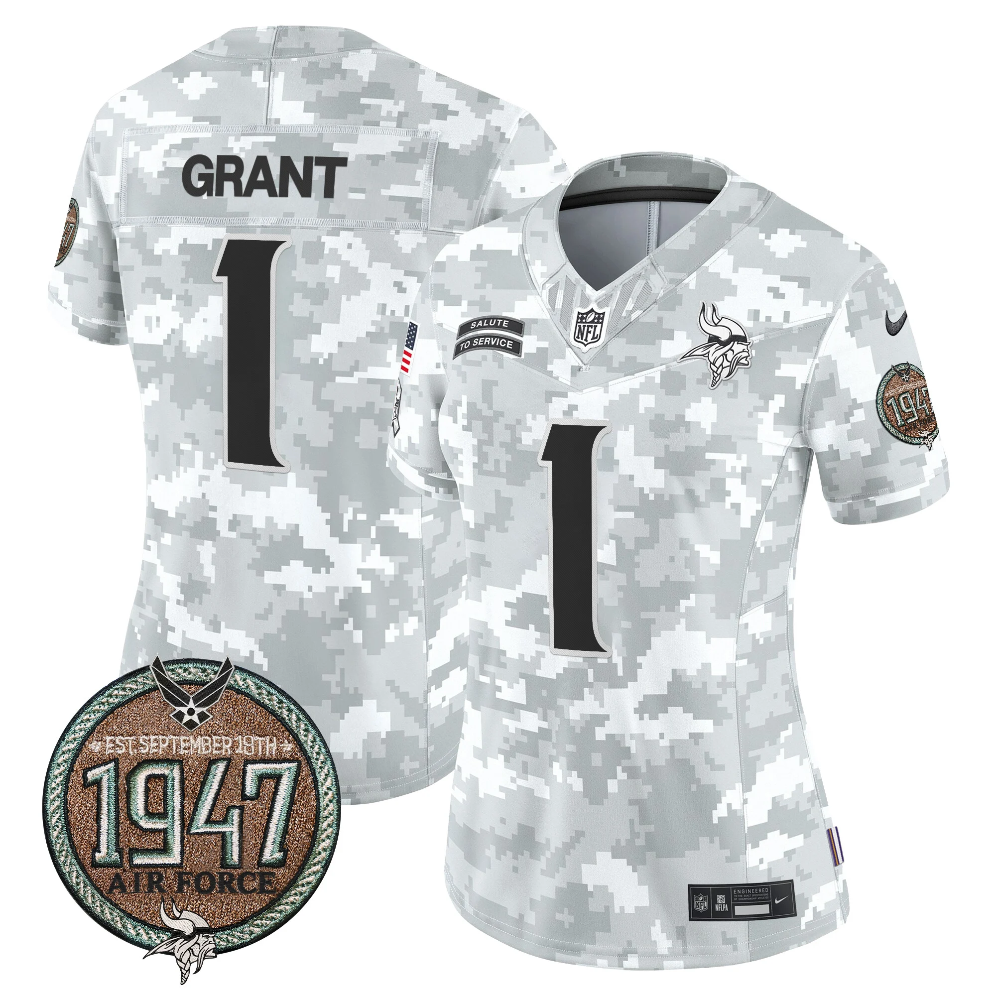 Womens Minnesota Vikings 2024 Salute To Service Establishment Year Patch Vapor Limited Jersey Bud Grant Jersey Air Force