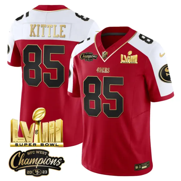 Mens San Francisco 49Ers NFC West Champions Super Bowl LVIII Gold Patch Vapor Jersey V2 George Kittle Jersey Alternate