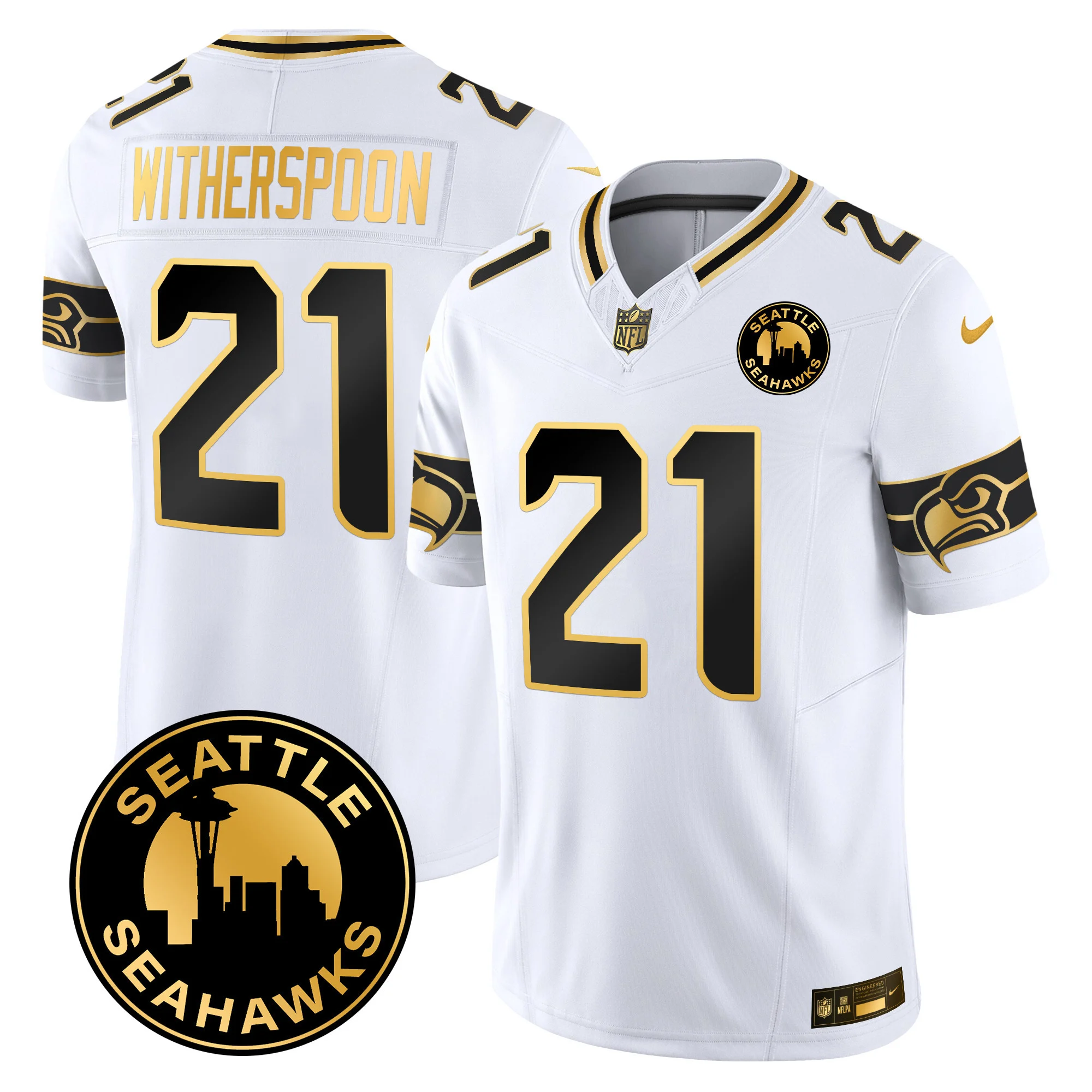 Mens Seattle Seahawks 2024 Seattle City Patch Gold Vapor Limited Jersey Devon Witherspoon Jersey White Gold