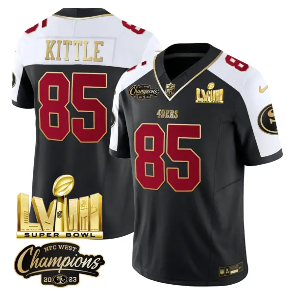 Mens San Francisco 49Ers NFC West Champions Super Bowl LVIII Gold Patch Vapor Jersey V2 George Kittle Jersey Black Alternate