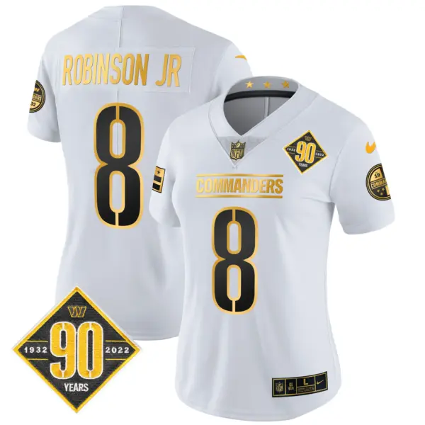 Womens Washington Commanders 90Th Anniversary Patch Gold Vapor Limited Jersey Robinson Jr Jersey White Gold