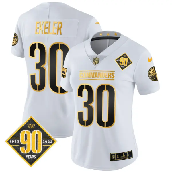 Womens Washington Commanders 90Th Anniversary Patch Gold Vapor Limited Jersey Austin Ekeler Jersey White Gold