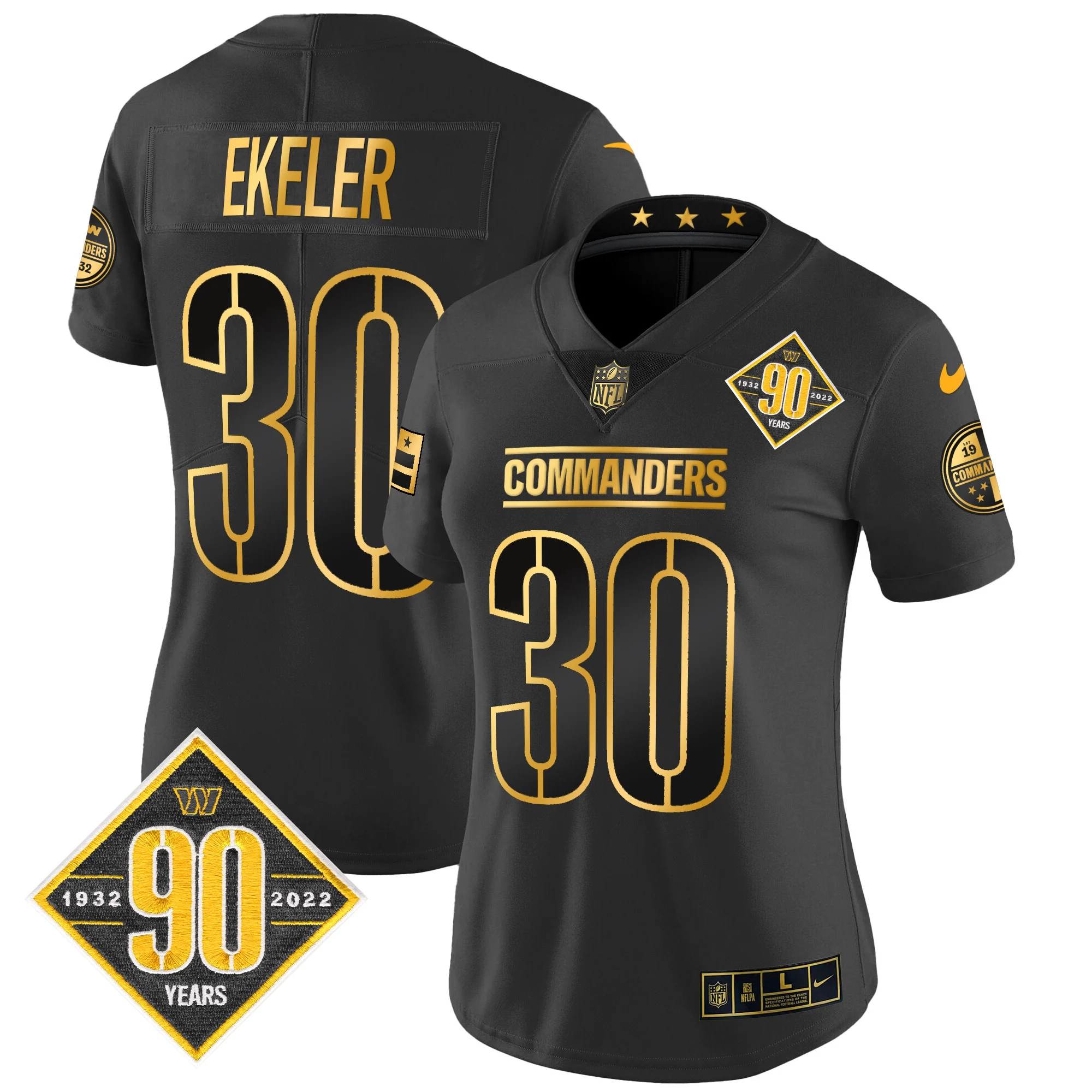 Womens Washington Commanders 90Th Anniversary Patch Gold Vapor Limited Jersey Austin Ekeler Jersey Black Gold