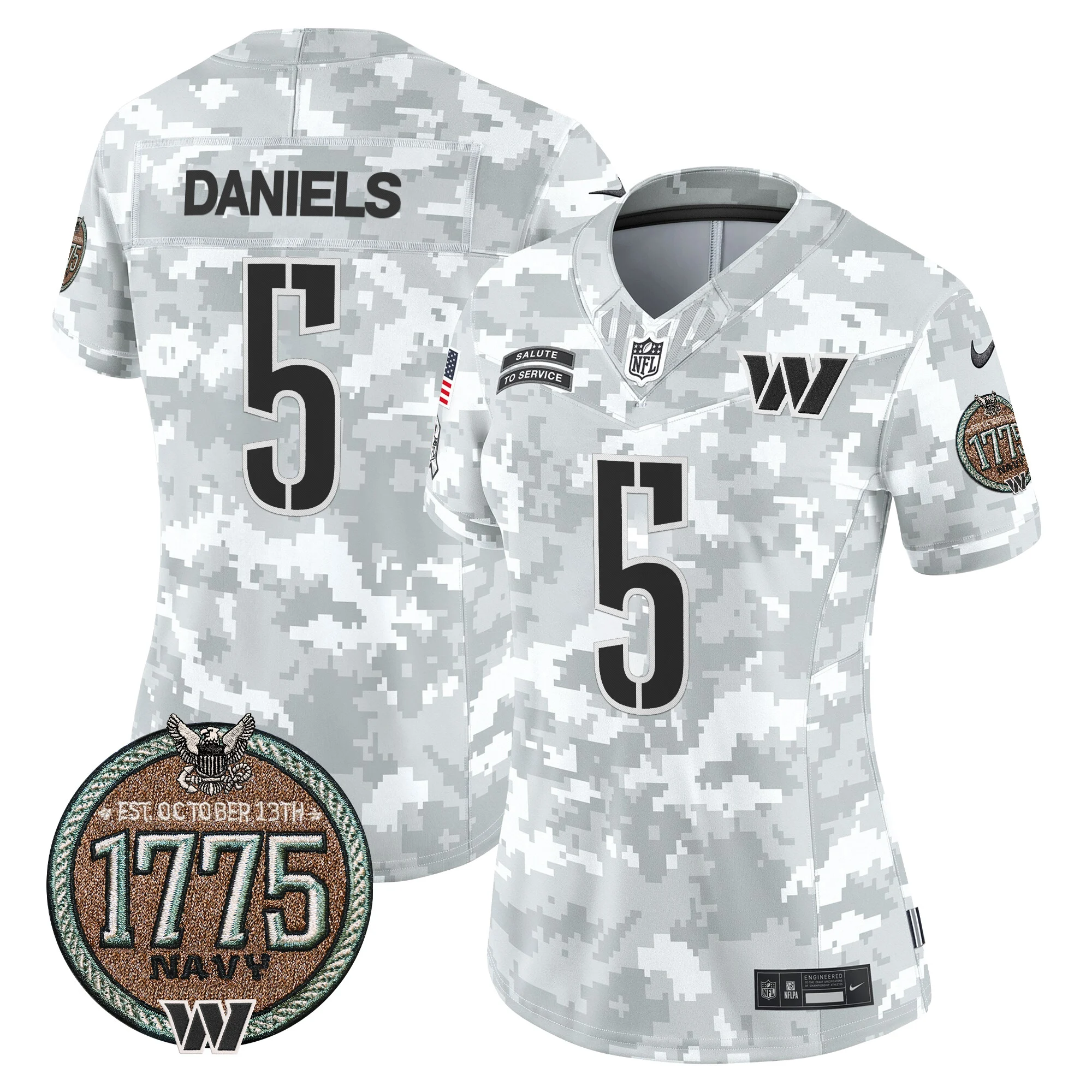 Womens Washington Commanders 2024 Salute To Service Establishment Year Patch Vapor Limited Jersey Jayden Daniels Jersey Navy