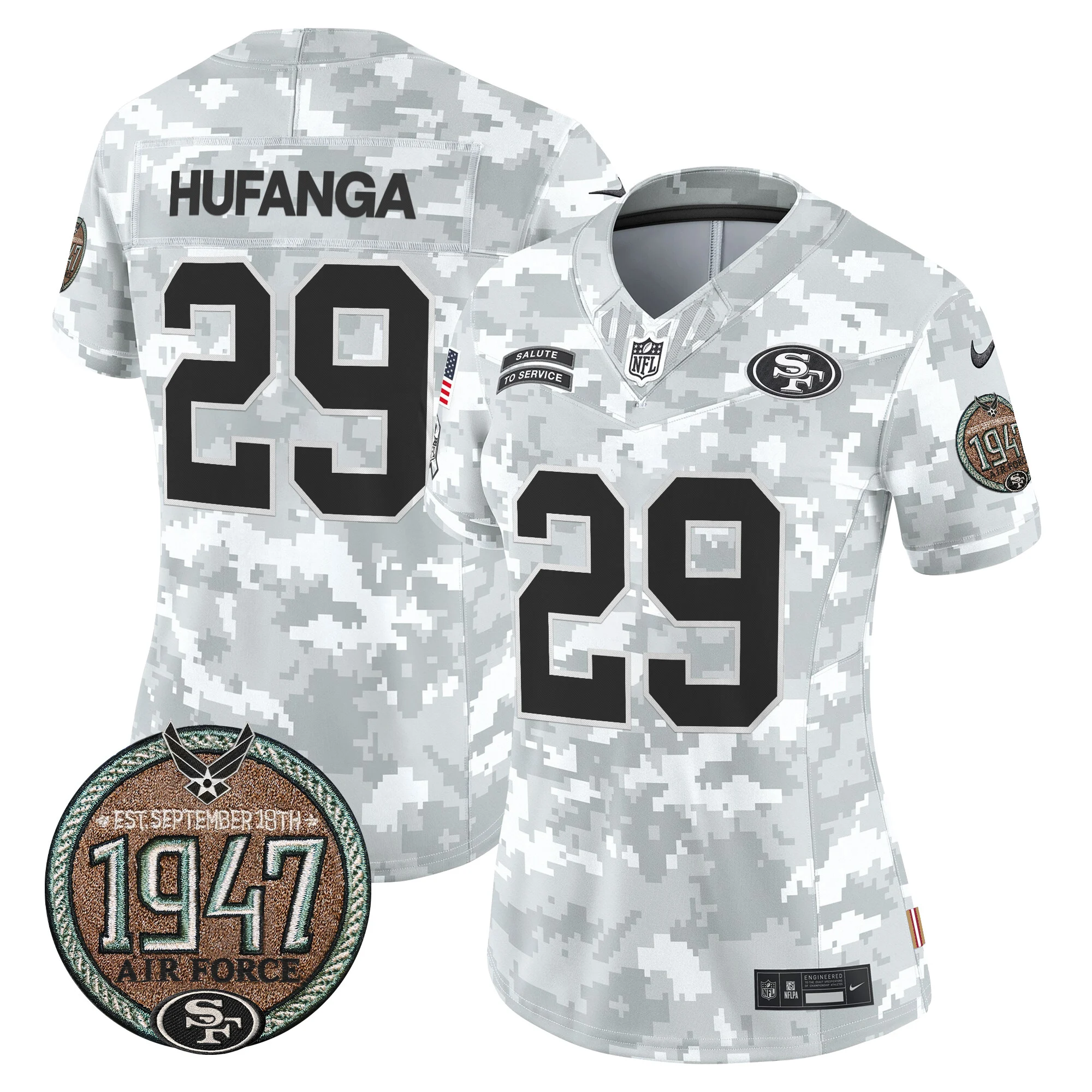 Womens San Francisco 49Ers 2024 Salute To Service Establishment Year Patch Vapor Limited Jersey Talanoa Hufanga Jersey Air Force
