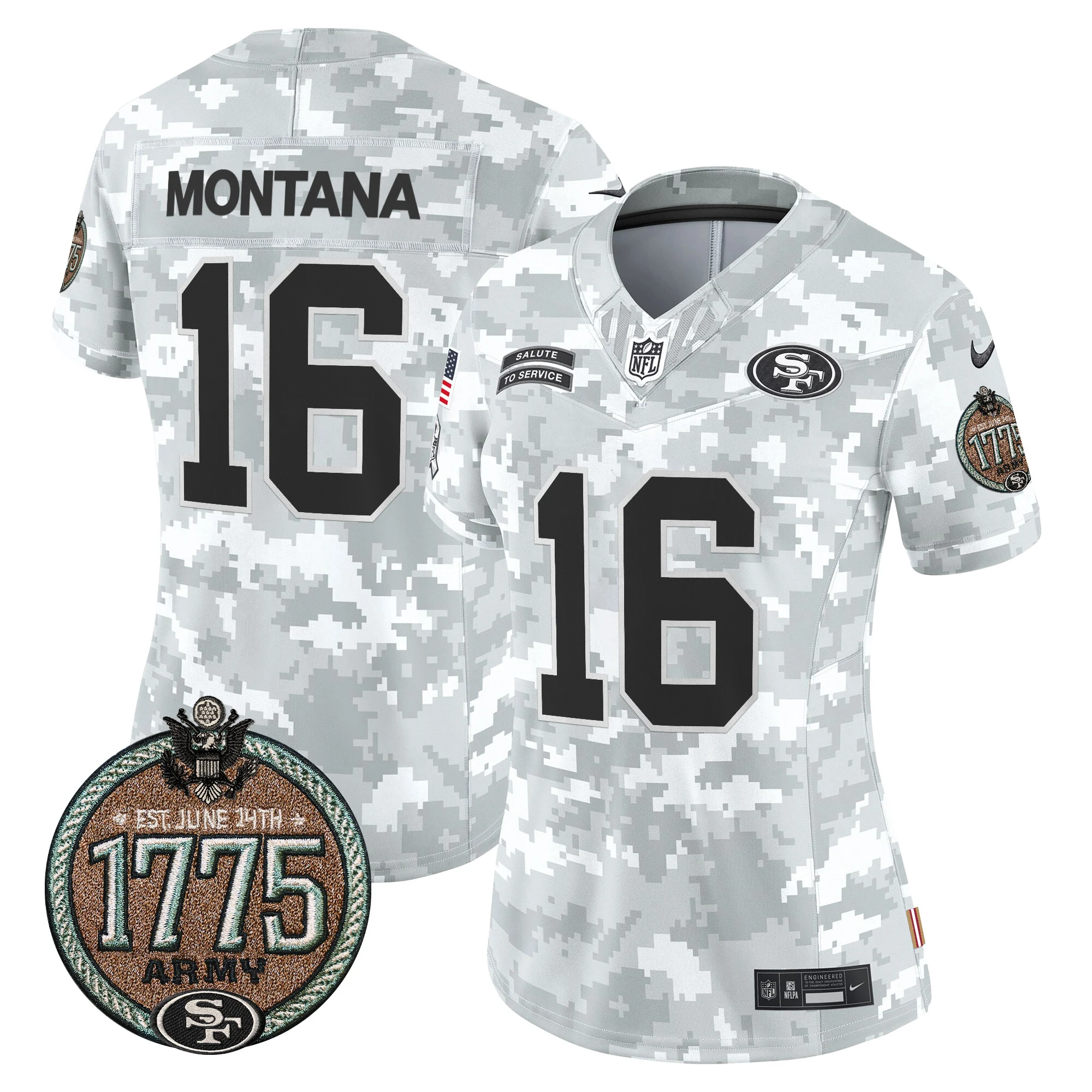Womens San Francisco 49Ers 2024 Salute To Service Establishment Year Patch Vapor Limited Jersey Joe Montana Jersey Army