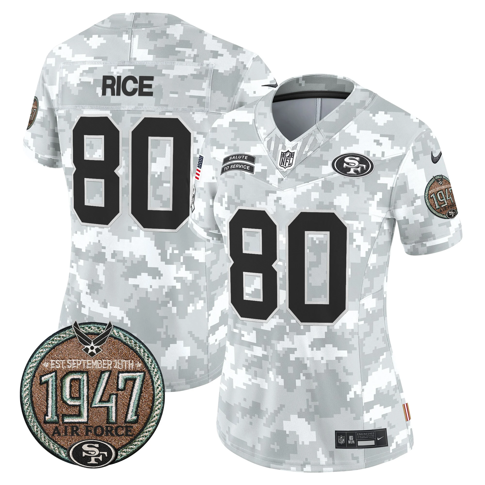 Womens San Francisco 49Ers 2024 Salute To Service Establishment Year Patch Vapor Limited Jersey Jerry Rice Jersey Air Force