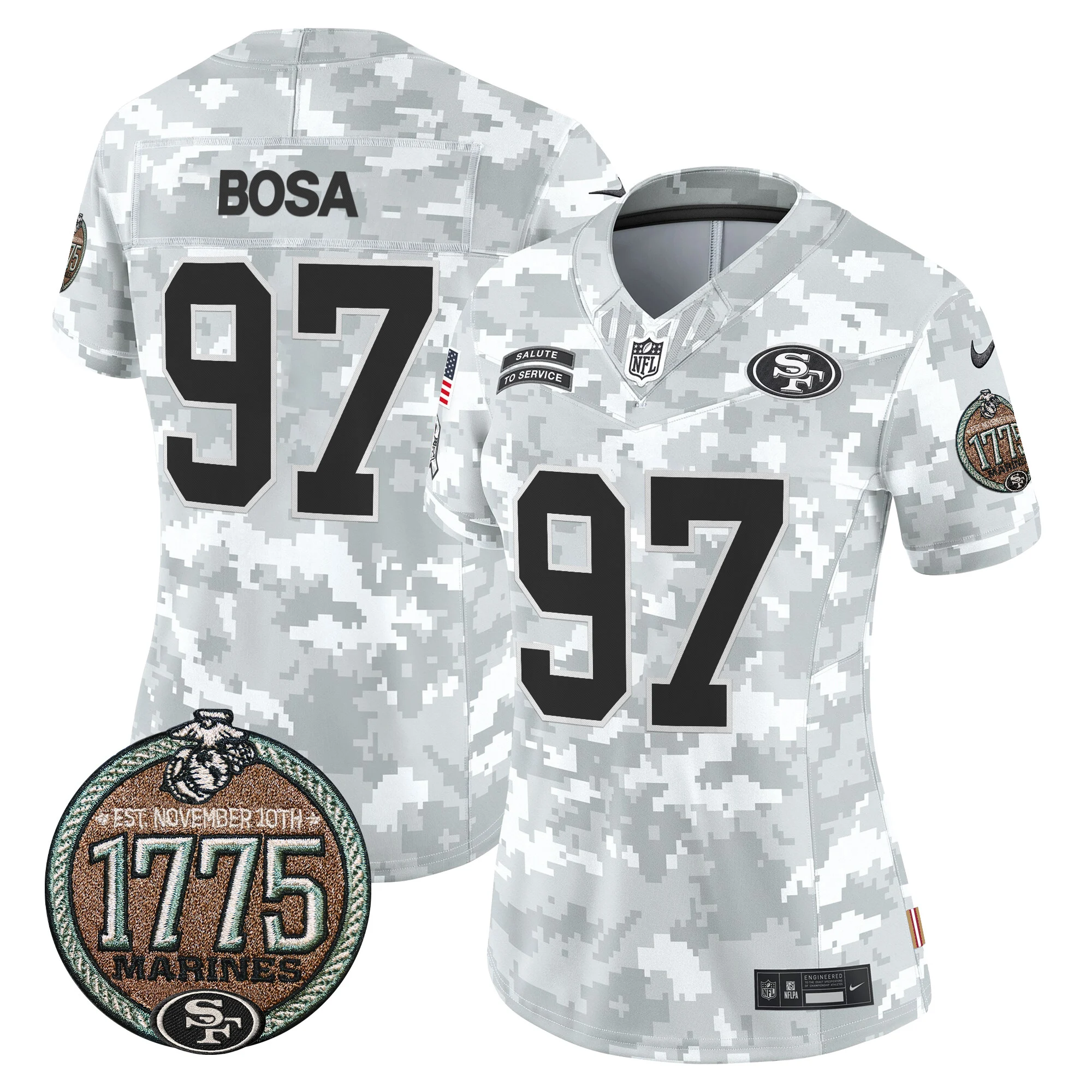 Womens San Francisco 49Ers 2024 Salute To Service Establishment Year Patch Vapor Limited Jersey Nick Bosa Jersey Marines