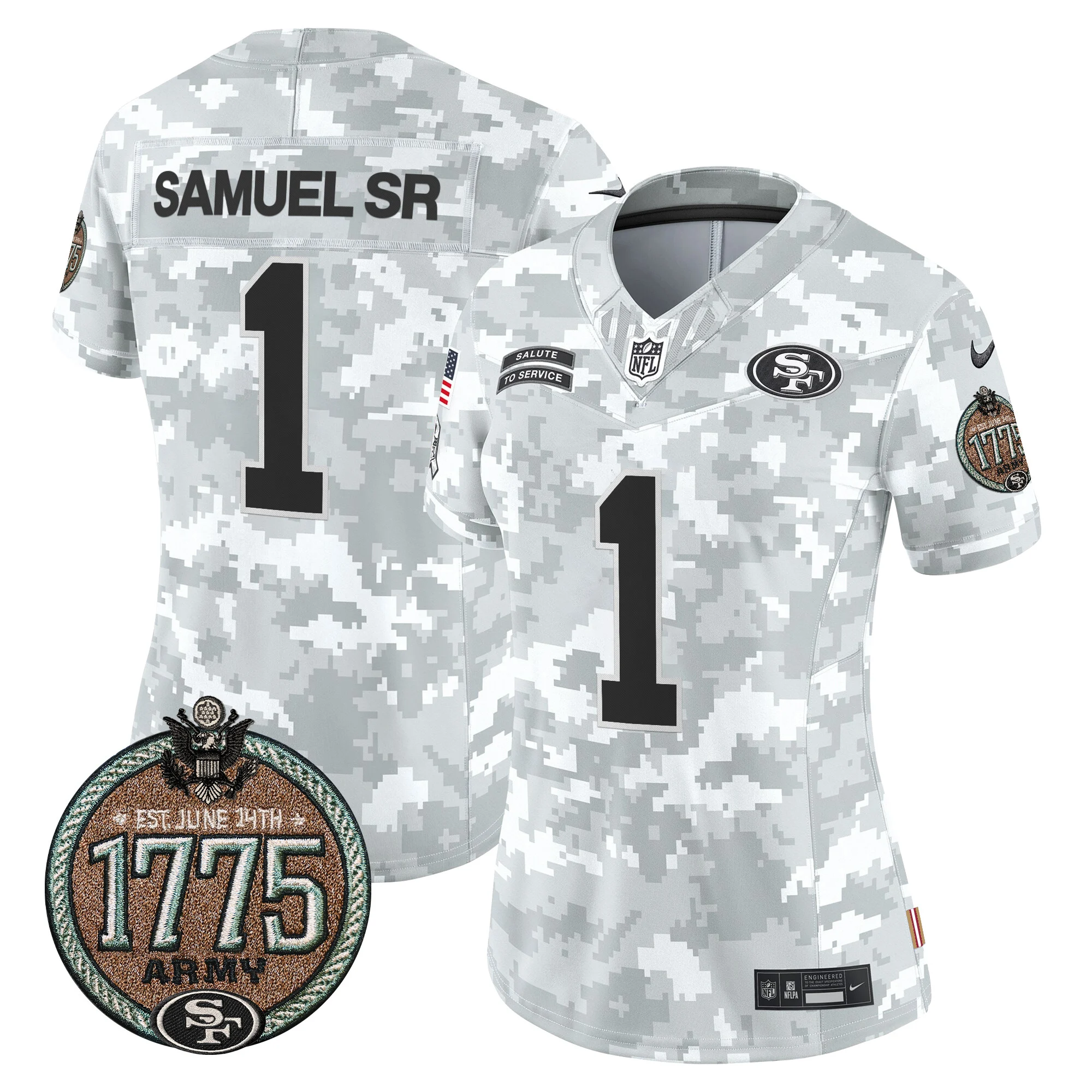 Womens San Francisco 49Ers 2024 Salute To Service Establishment Year Patch Vapor Limited Jersey Deebo Samuel Jersey Army