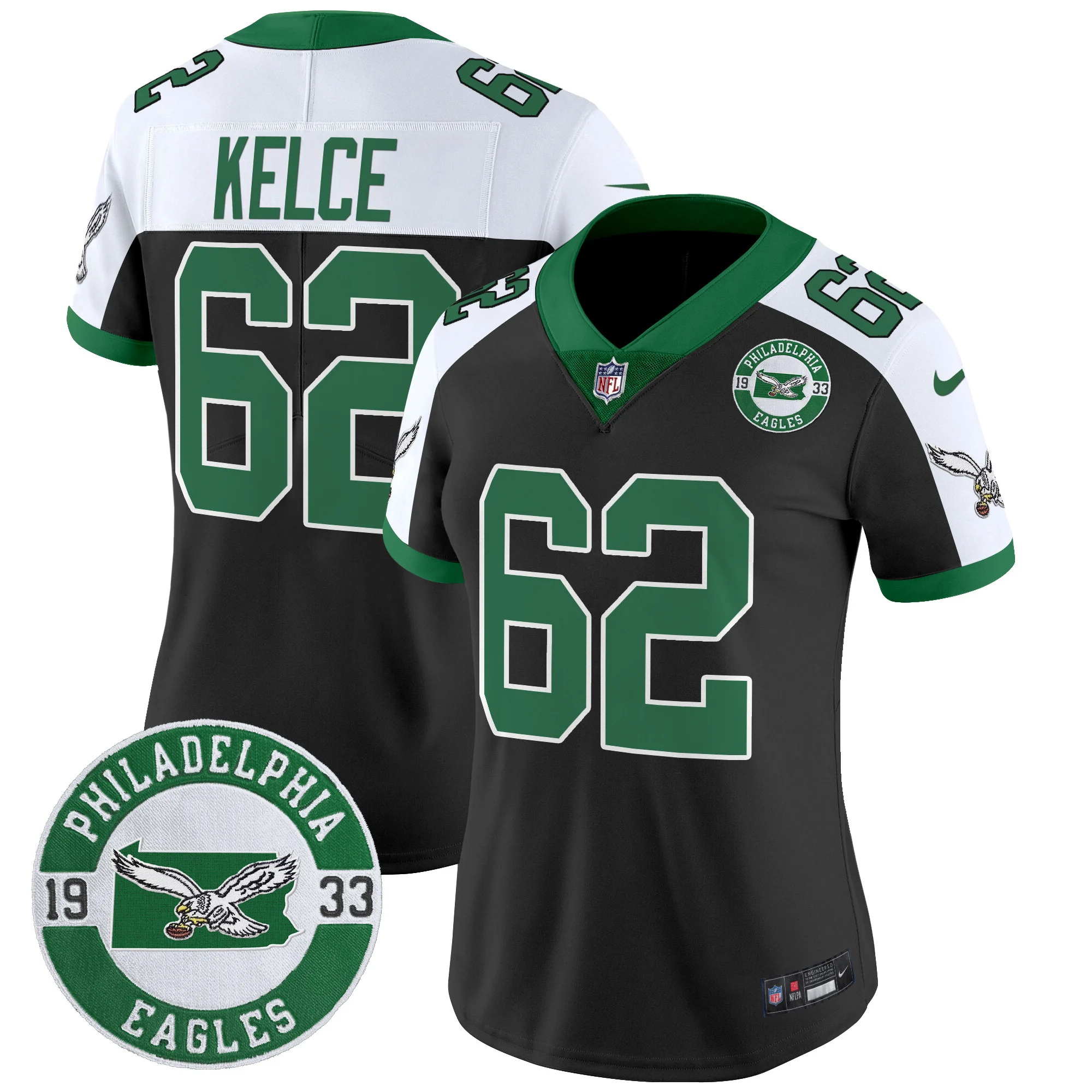 Womens Philadelphia Eagles 2024 Throwback Vapor Limited Jersey Est 1933 Patch Jason Kelce Jersey Black Alternate