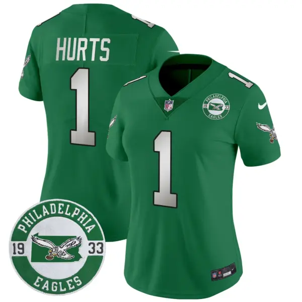 Womens Philadelphia Eagles 2024 Throwback Vapor Limited Jersey Est 1933 Patch Jalen Hurts Jersey Kelly Green