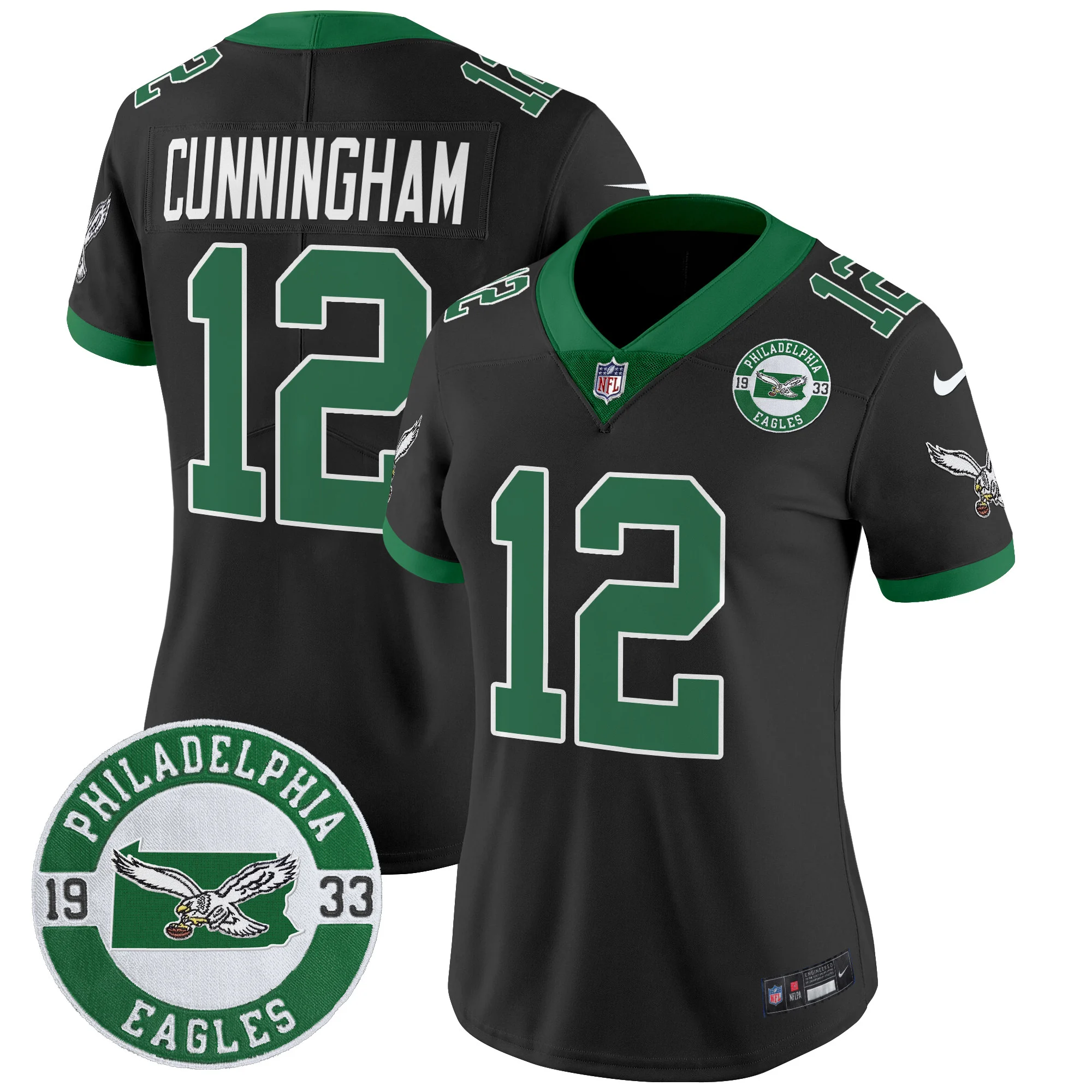 Womens Philadelphia Eagles 2024 Throwback Vapor Limited Jersey Est 1933 Patch Randall Cunningham Jersey Black