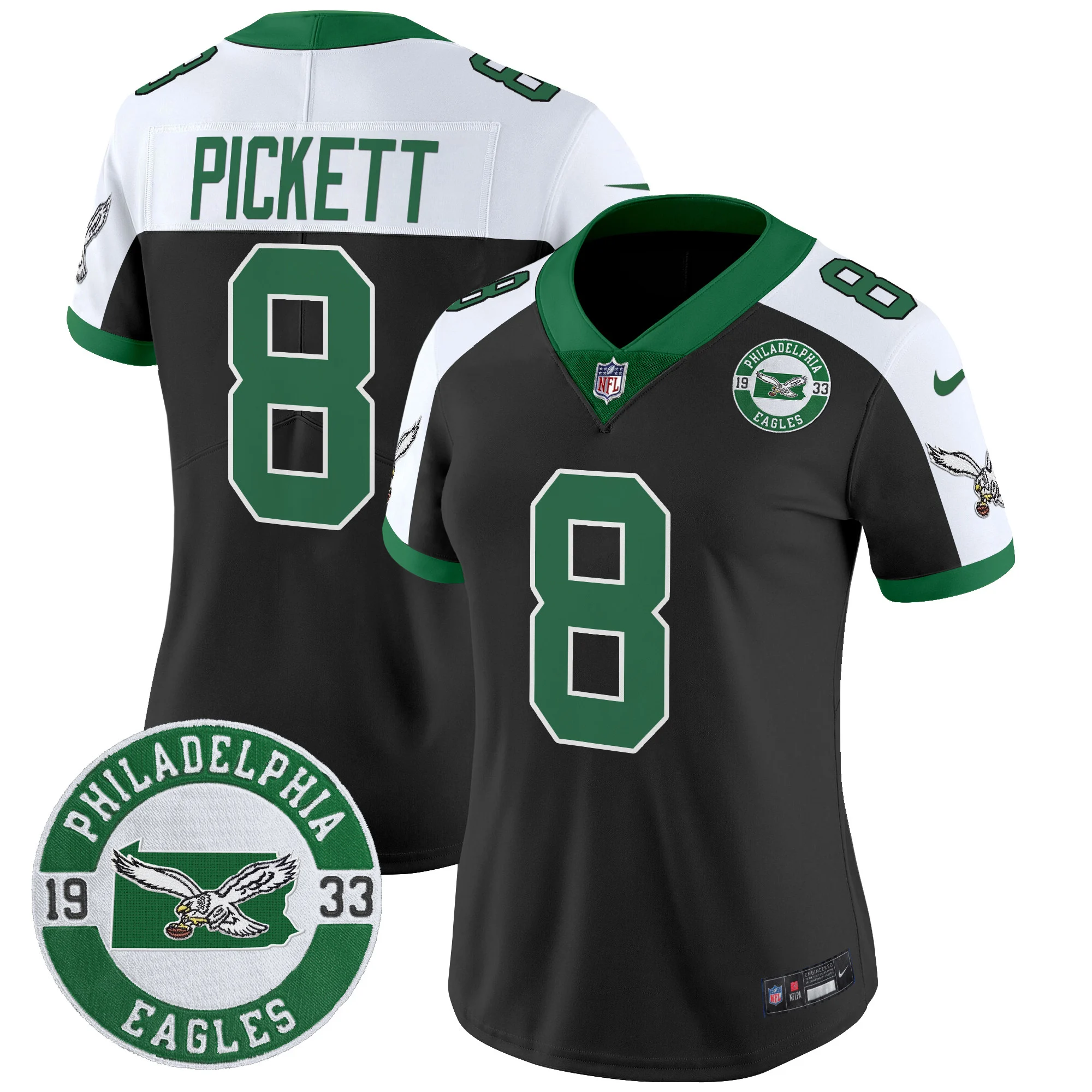 Womens Philadelphia Eagles 2024 Throwback Vapor Limited Jersey Est 1933 Patch Kenny Pickett Jersey Black Alternate