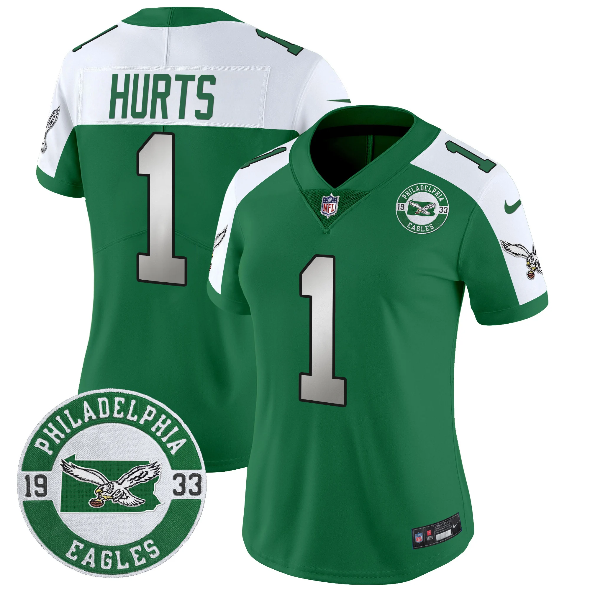 Womens Philadelphia Eagles 2024 Throwback Vapor Limited Jersey Est 1933 Patch Jalen Hurts Jersey Kelly Alternate