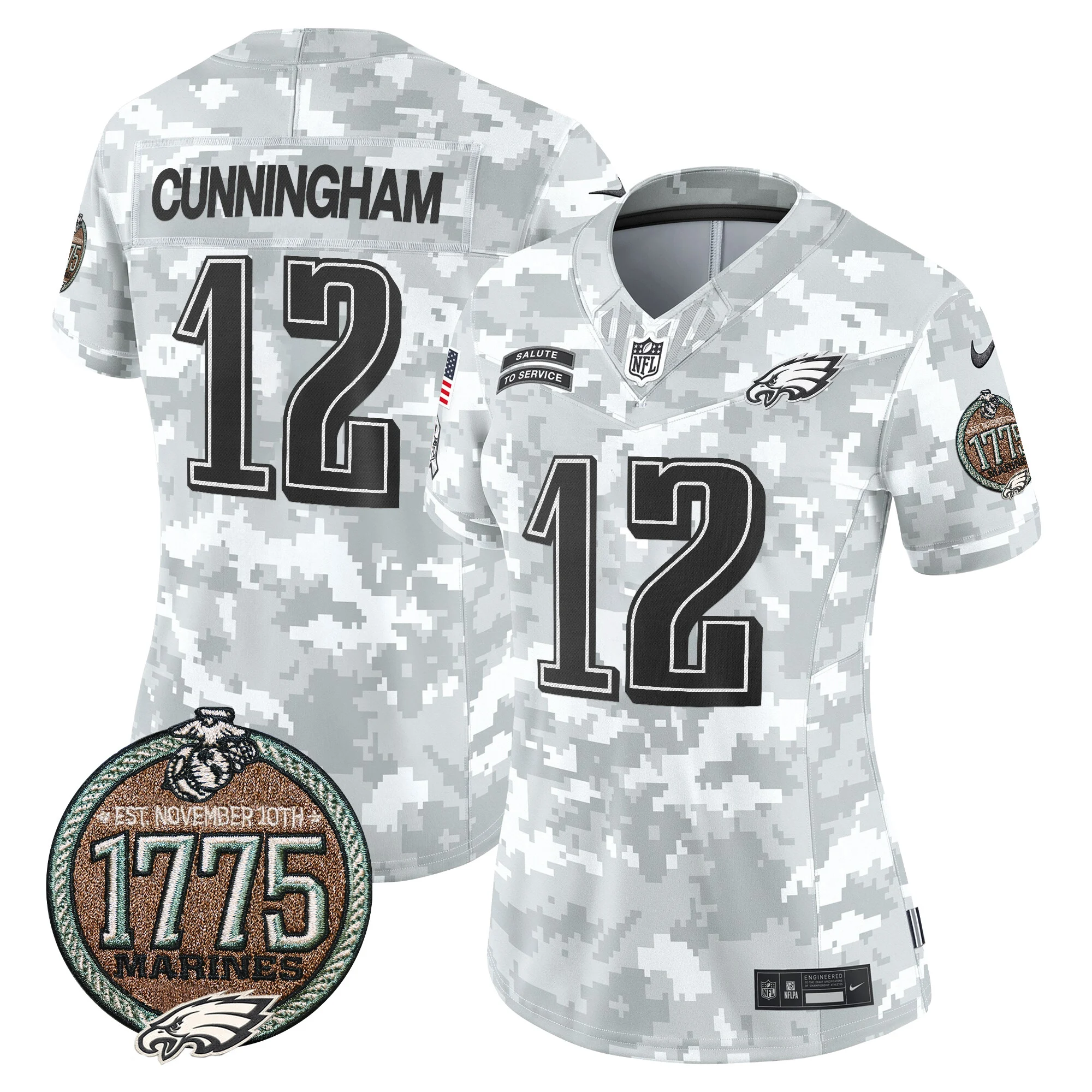 Womens Philadelphia Eagles 2024 Salute To Service Establishment Year Patch Vapor Limited Jersey Randall Cunningham Jersey Marines