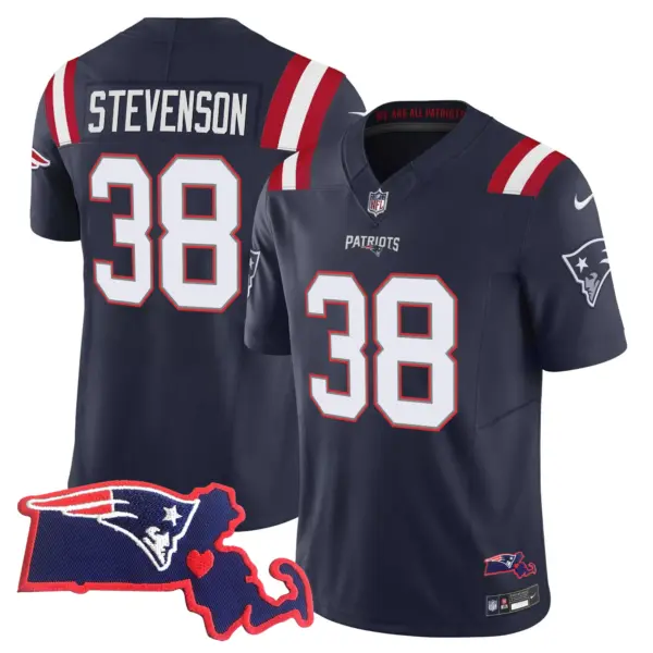 Womens New England Patriots Massachusetts Patch Vapor Jersey Rhamondre Stevenson Jersey Navy