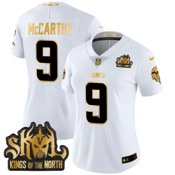 Womens Minnesota Vikings 2024 Winter Warrior Skol Patch Gold Vapor Limited Jersey JJ Mccarthy Jersey White Gold