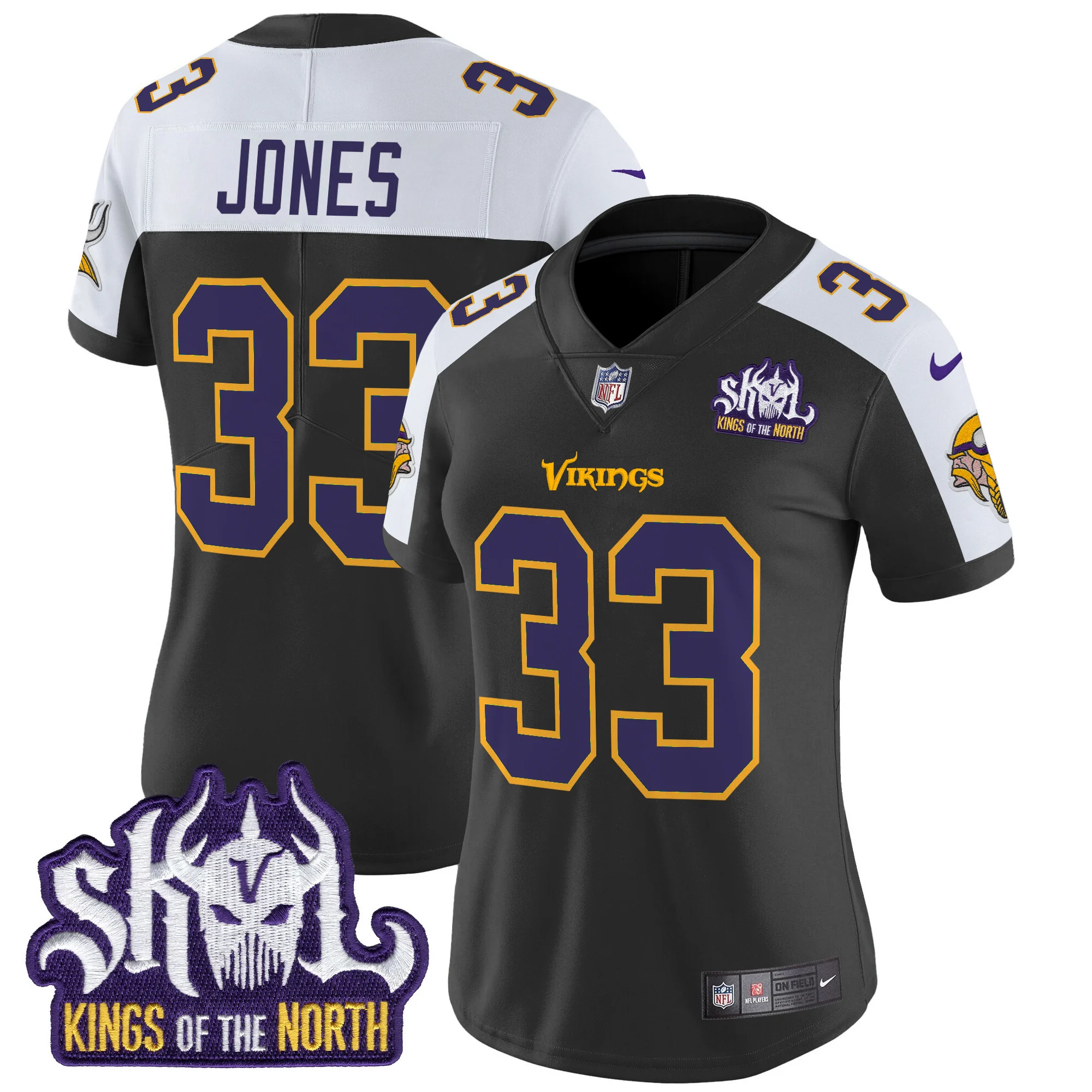 Womens Minnesota Vikings King Of The North Patch Throwback Vapor Limited Jersey Aaron Jones Jersey Black Alternate