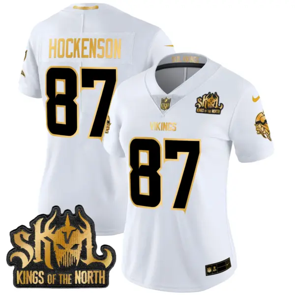 Womens Minnesota Vikings 2024 Winter Warrior Skol Patch Gold Vapor Limited Jersey TJ Hockenson Jersey White Gold