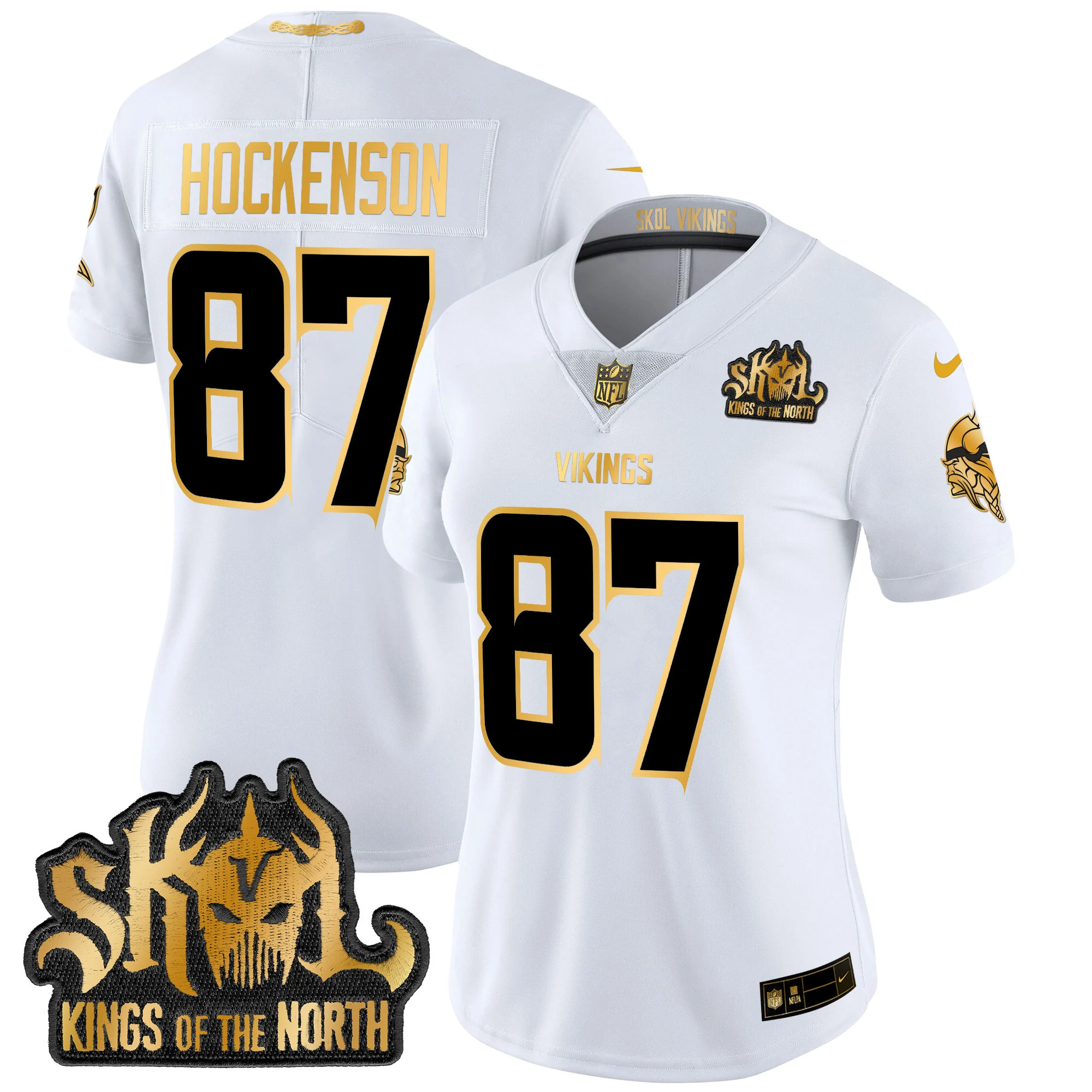 Womens Minnesota Vikings 2024 Winter Warrior Skol Patch Gold Vapor Limited Jersey TJ Hockenson Jersey White Gold
