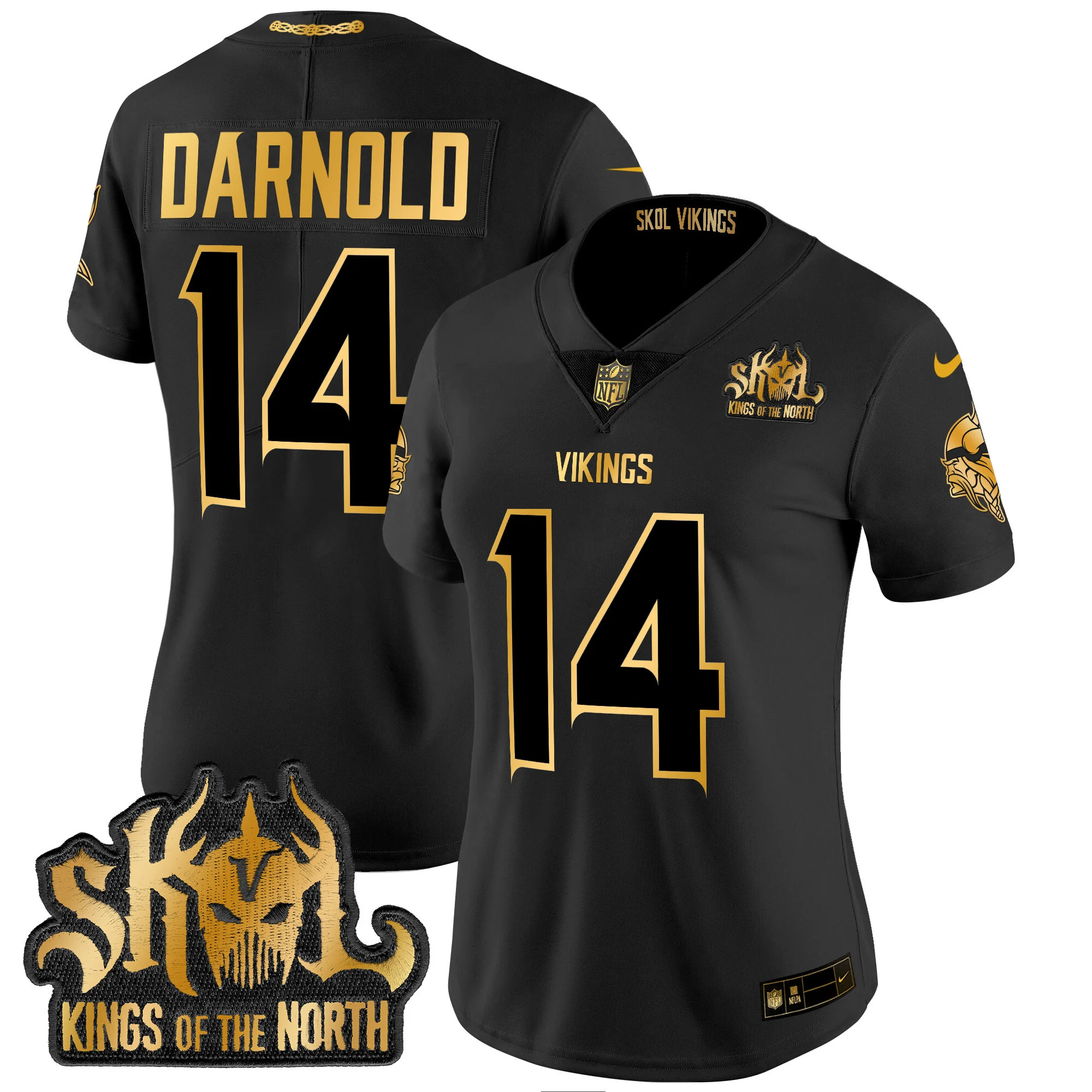 Womens Minnesota Vikings 2024 Winter Warrior Skol Patch Gold Vapor Limited Jersey Sam Darnold Jersey Black Gold