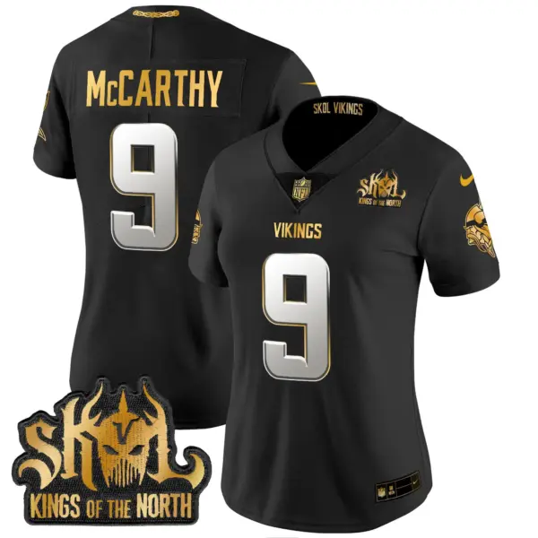 Womens Minnesota Vikings 2024 Winter Warrior Skol Patch Gold Vapor Limited Jersey JJ Mccarthy Jersey Black Limited