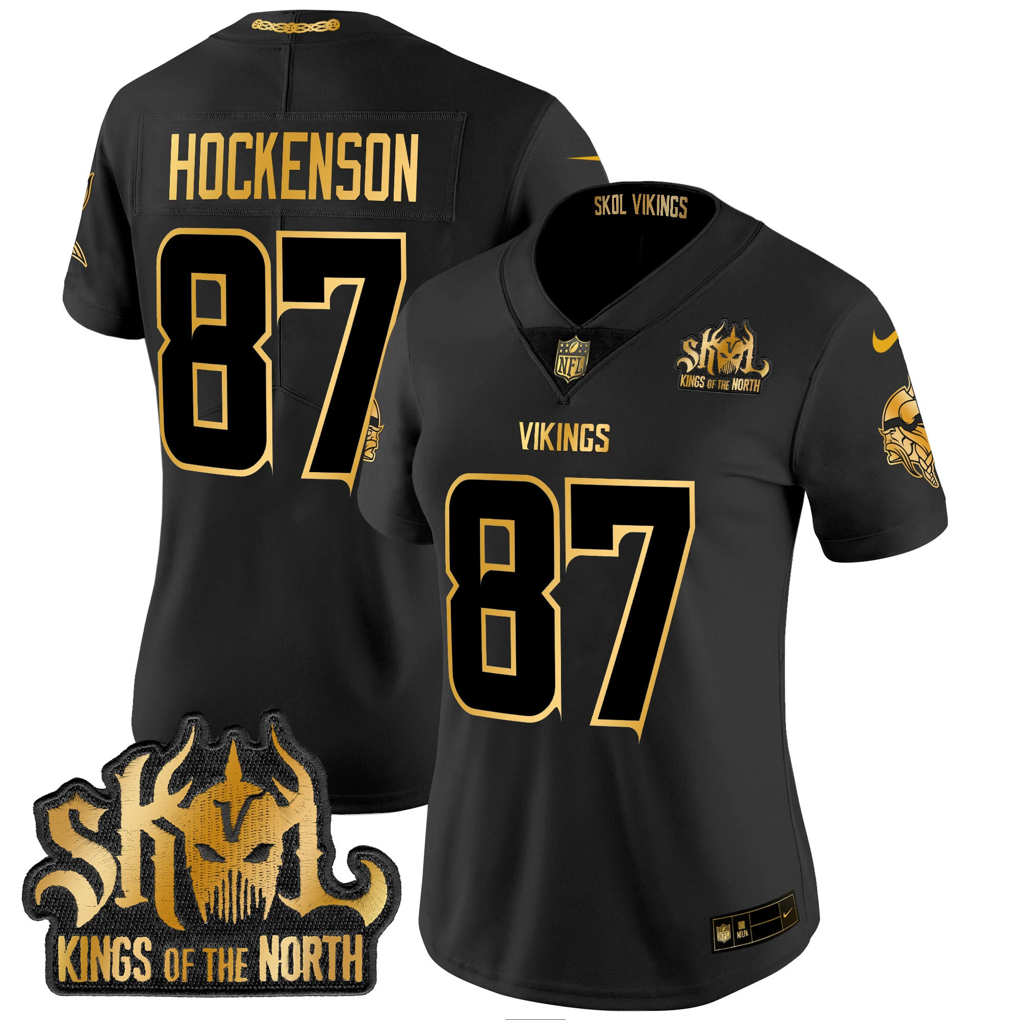 Womens Minnesota Vikings 2024 Winter Warrior Skol Patch Gold Vapor Limited Jersey TJ Hockenson Jersey Black Gold