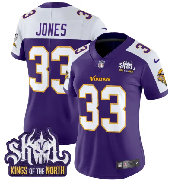 Womens Minnesota Vikings King Of The North Patch Throwback Vapor Limited Jersey Aaron Jones Jersey Purple Alternate