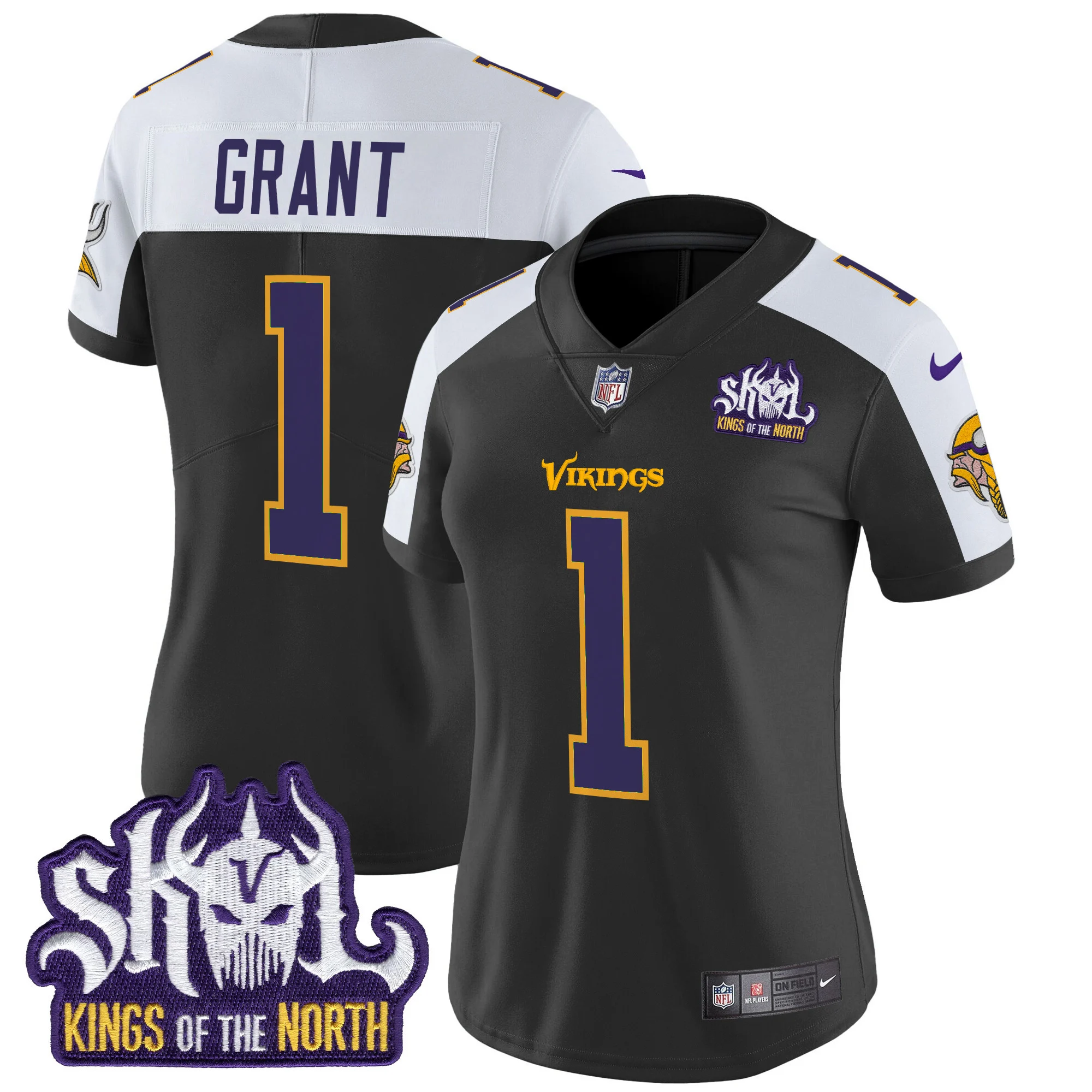 Womens Minnesota Vikings King Of The North Patch Throwback Vapor Limited Jersey Bud Grant Jersey Black Alternate