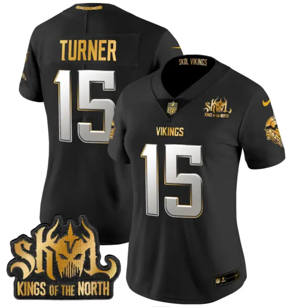 Womens Minnesota Vikings 2024 Winter Warrior Skol Patch Gold Vapor Limited Jersey Dallas Turner Jersey Black Limited
