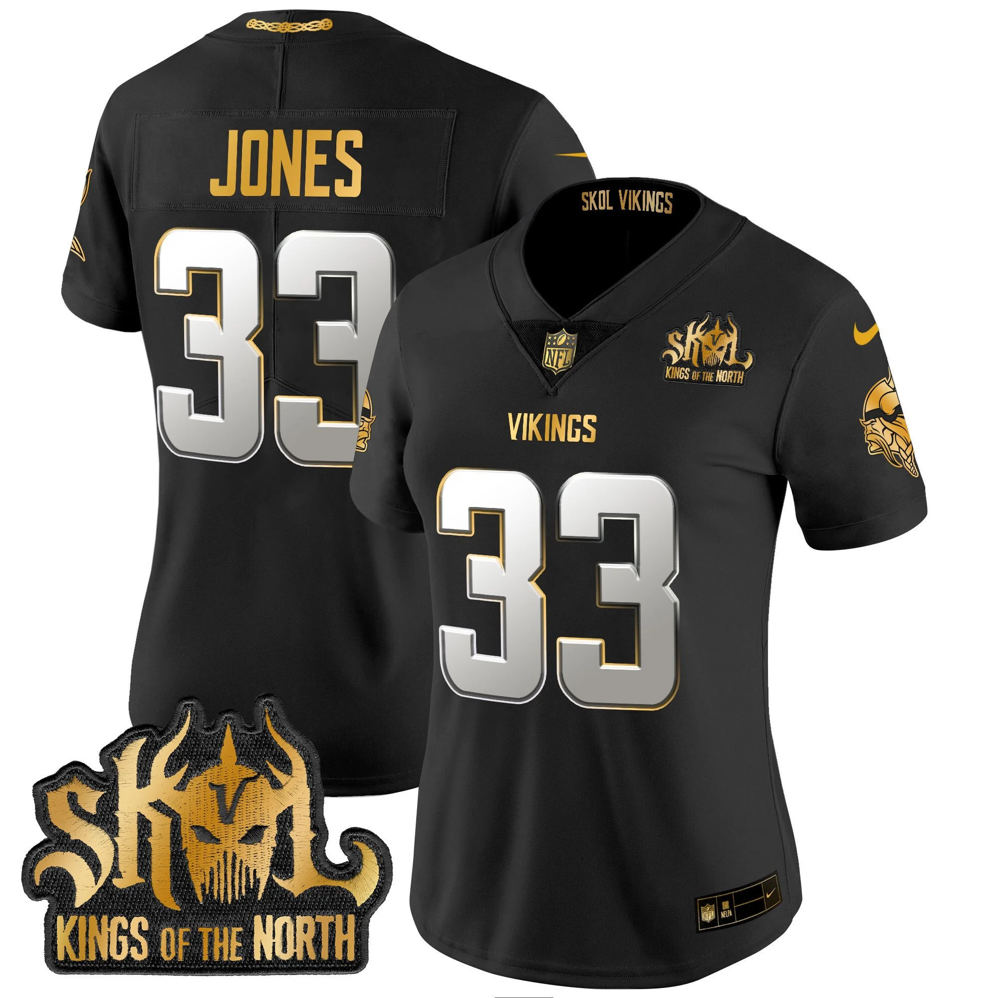 Womens Minnesota Vikings 2024 Winter Warrior Skol Patch Gold Vapor Limited Jersey Aaron Jones Jersey Black Limited
