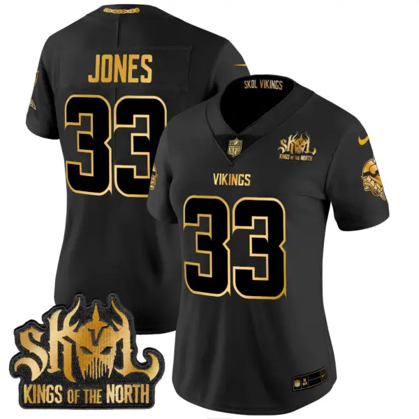 Womens Minnesota Vikings 2024 Winter Warrior Skol Patch Gold Vapor Limited Jersey Aaron Jones Jersey Black Gold
