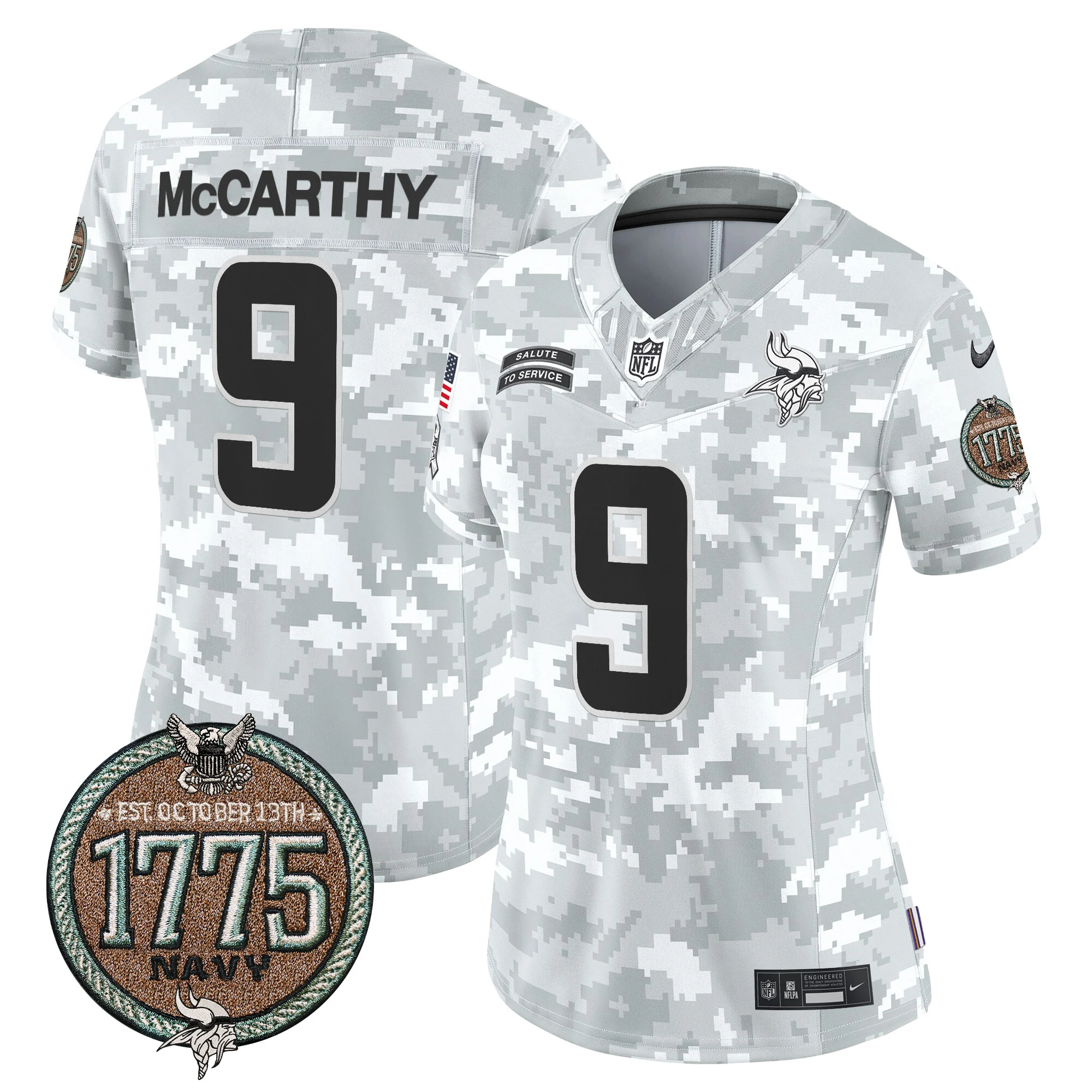 Womens Minnesota Vikings 2024 Salute To Service Establishment Year Patch Vapor Limited Jersey JJ Mccarthy Jersey Navy