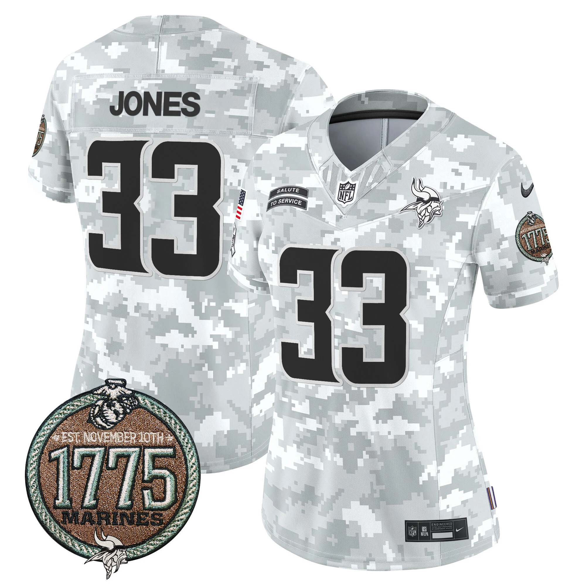 Womens Minnesota Vikings 2024 Salute To Service Establishment Year Patch Vapor Limited Jersey Aaron Jones Jersey Marines