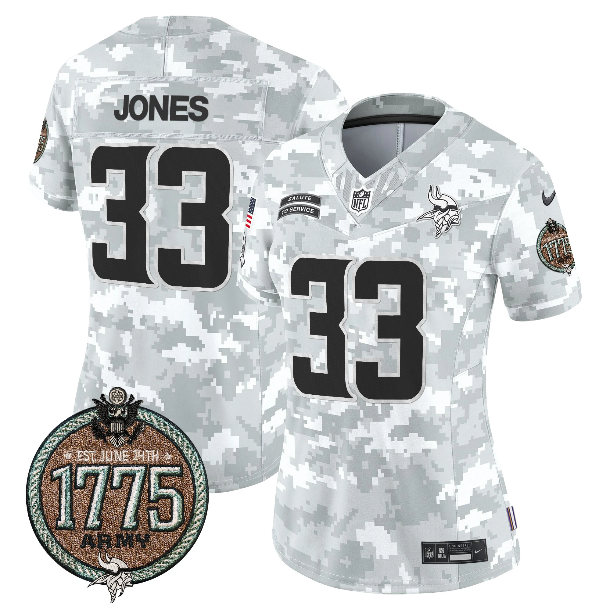 Womens Minnesota Vikings 2024 Salute To Service Establishment Year Patch Vapor Limited Jersey Aaron Jones Jersey Army
