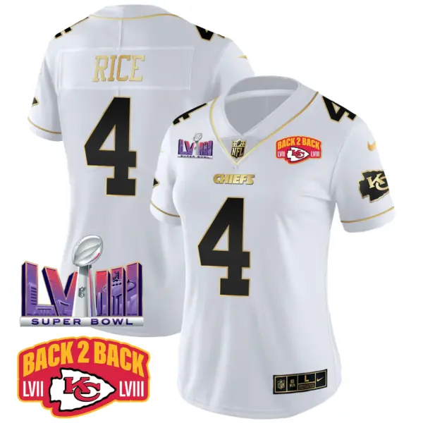 Womens Kansas City Chiefs Super Bowl LVIII Back 2 Back Patch Vapor Jersey V2 Rashee Rice Jersey White Gold
