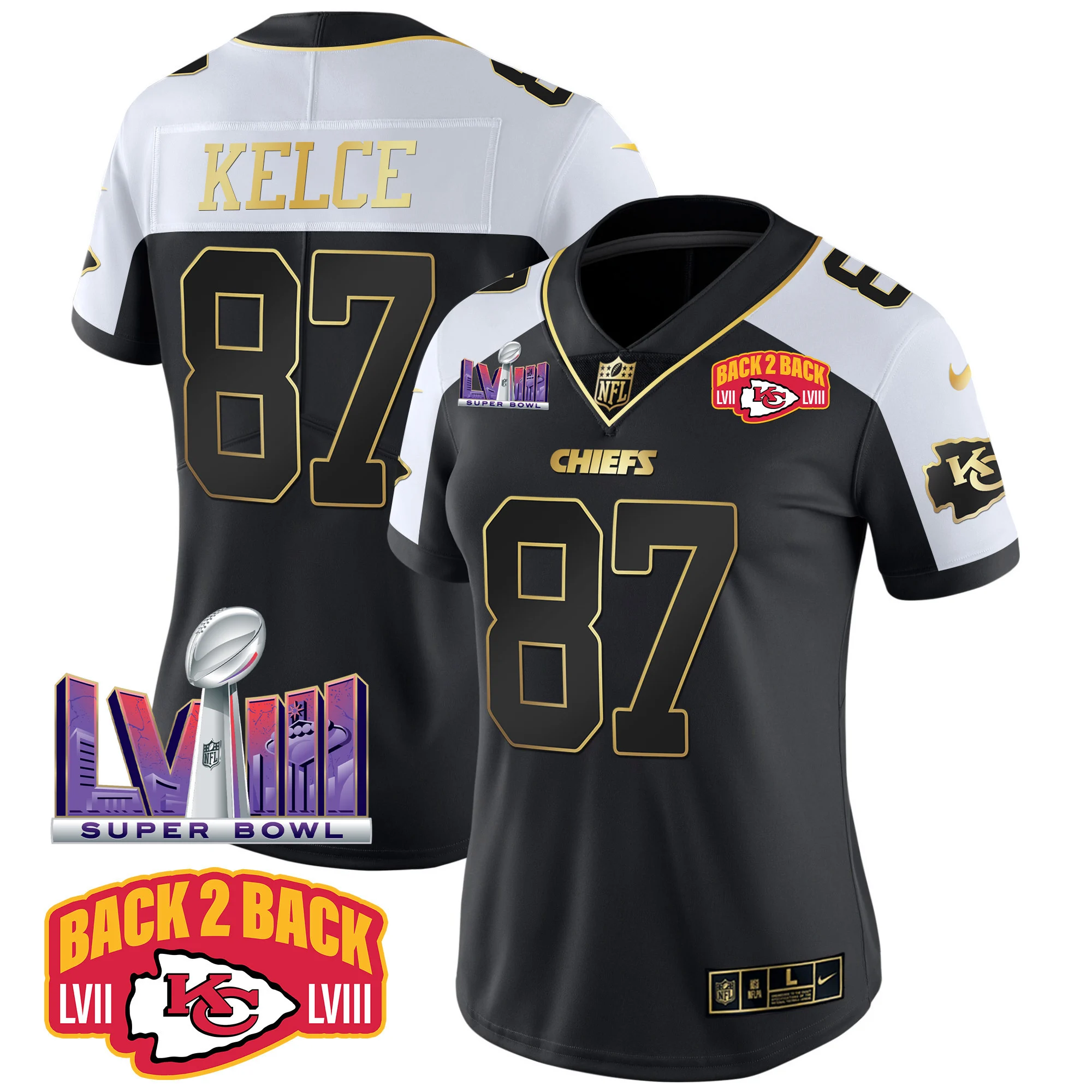 Womens Kansas City Chiefs Super Bowl LVIII Back 2 Back Patch Vapor Jersey V2 Travis Kelce Jersey Alternate
