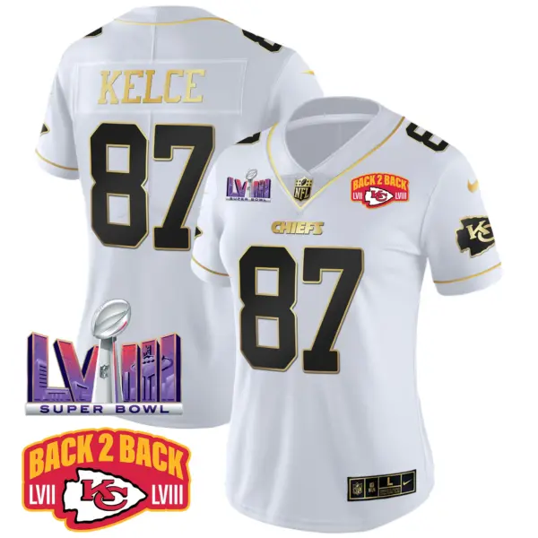 Womens Kansas City Chiefs Super Bowl LVIII Back 2 Back Patch Vapor Jersey V2 Travis Kelce Jersey White Gold