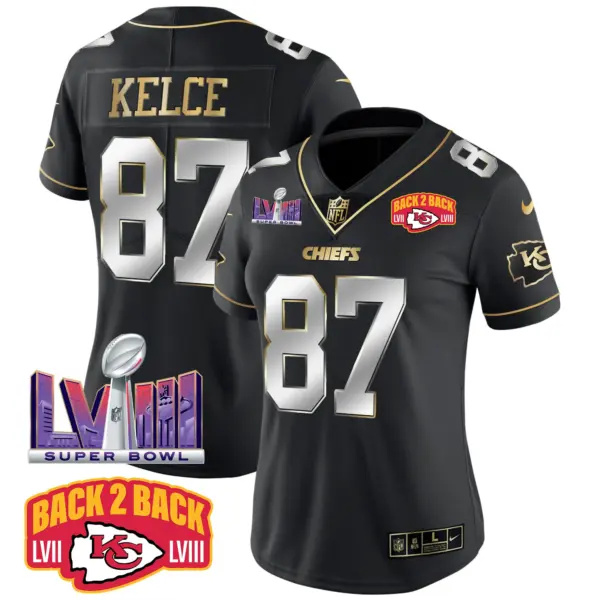 Womens Kansas City Chiefs Super Bowl LVIII Back 2 Back Patch Vapor Jersey V2 Travis Kelce Jersey Black Limited