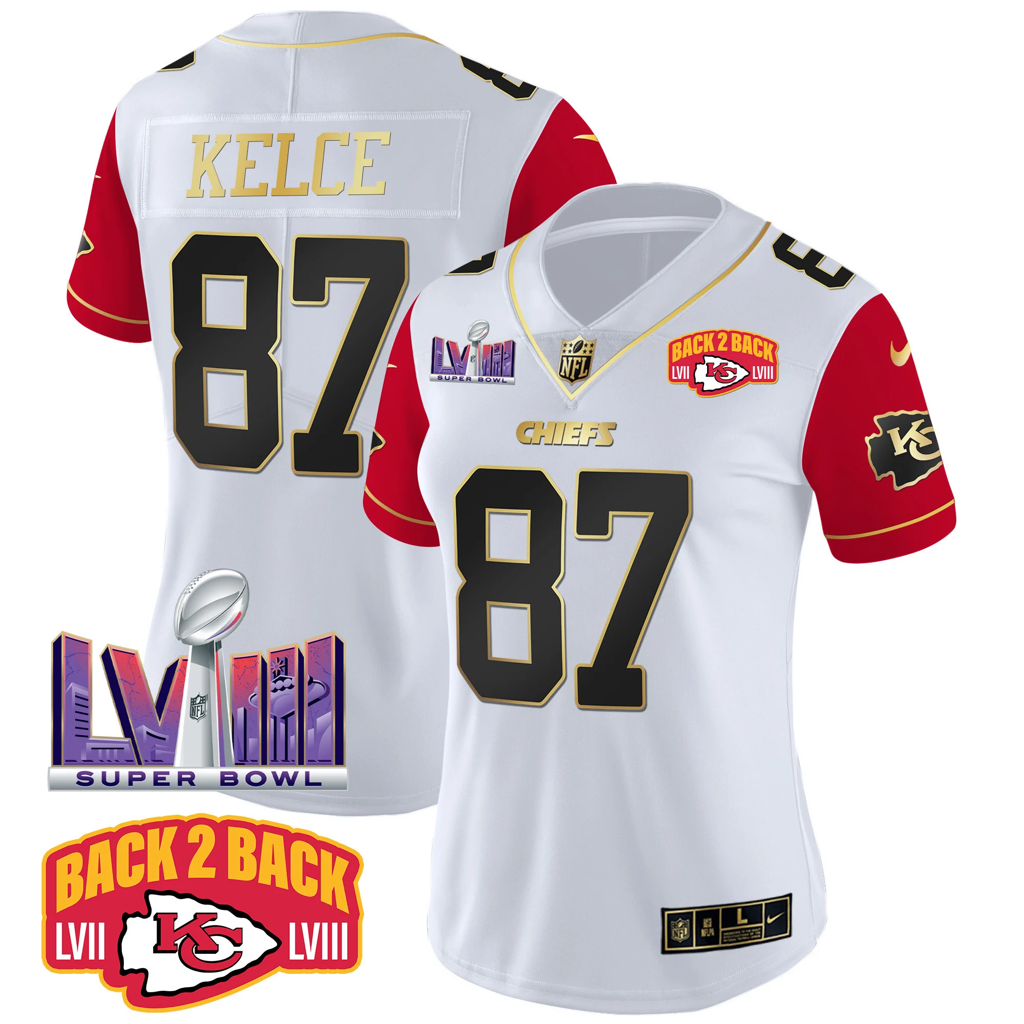 Womens Kansas City Chiefs Super Bowl LVIII Back 2 Back Patch Vapor Jersey V2 Travis Kelce Jersey Color Sleeves