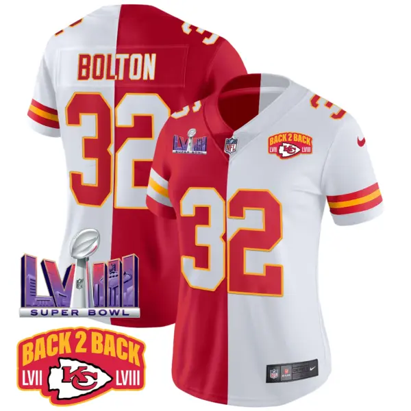Womens Kansas City Chiefs Super Bowl LVIII Back 2 Back Patch Vapor Jersey V2 Nick Bolton Jersey Split