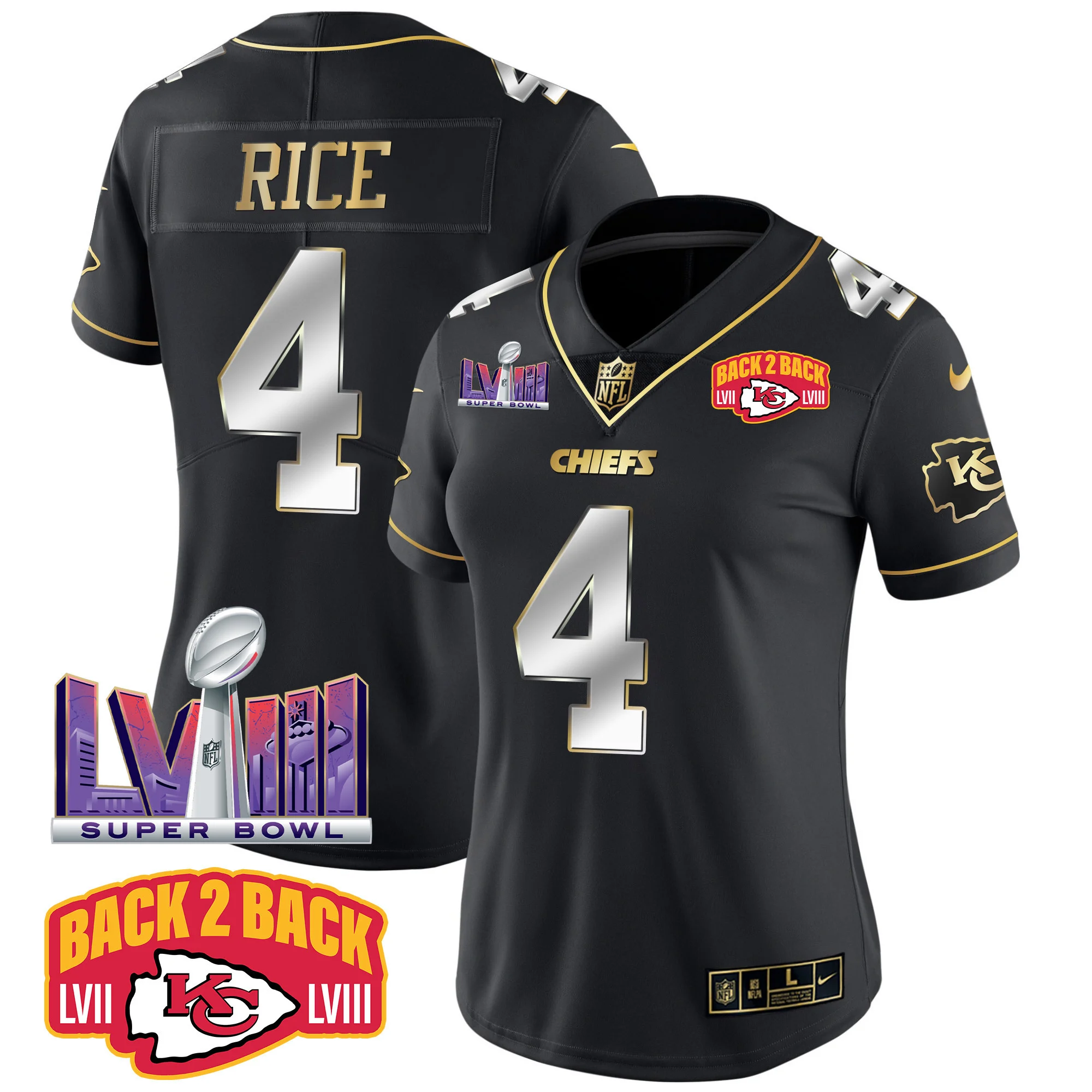 Womens Kansas City Chiefs Super Bowl LVIII Back 2 Back Patch Vapor Jersey V2 Rashee Rice Jersey Black Limited