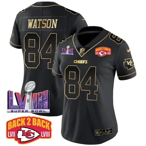 Womens Kansas City Chiefs Super Bowl LVIII Back 2 Back Patch Vapor Jersey V2 Justin Watson Jersey Black Gold