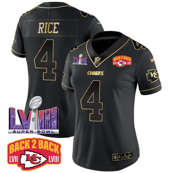 Womens Kansas City Chiefs Super Bowl LVIII Back 2 Back Patch Vapor Jersey V2 Rashee Rice Jersey Black Gold