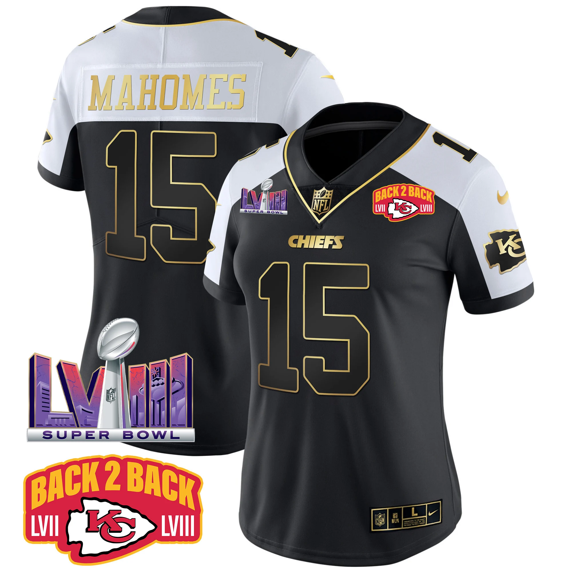 Womens Kansas City Chiefs Super Bowl LVIII Back 2 Back Patch Vapor Jersey V2 Patrick Mahomes Jersey Alternate