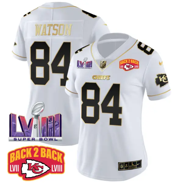 Womens Kansas City Chiefs Super Bowl LVIII Back 2 Back Patch Vapor Jersey V2 Justin Watson Jersey White Gold