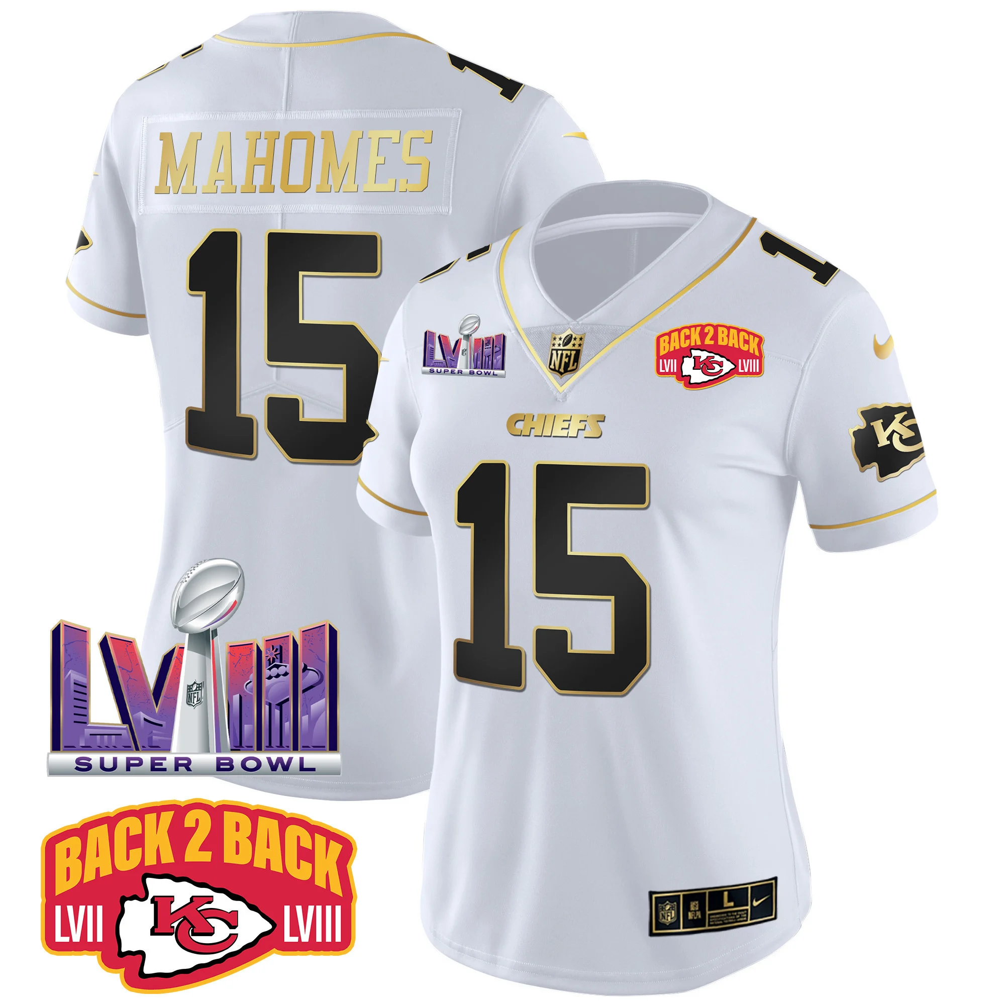 Womens Kansas City Chiefs Super Bowl LVIII Back 2 Back Patch Vapor Jersey V2 Patrick Mahomes Jersey White Gold