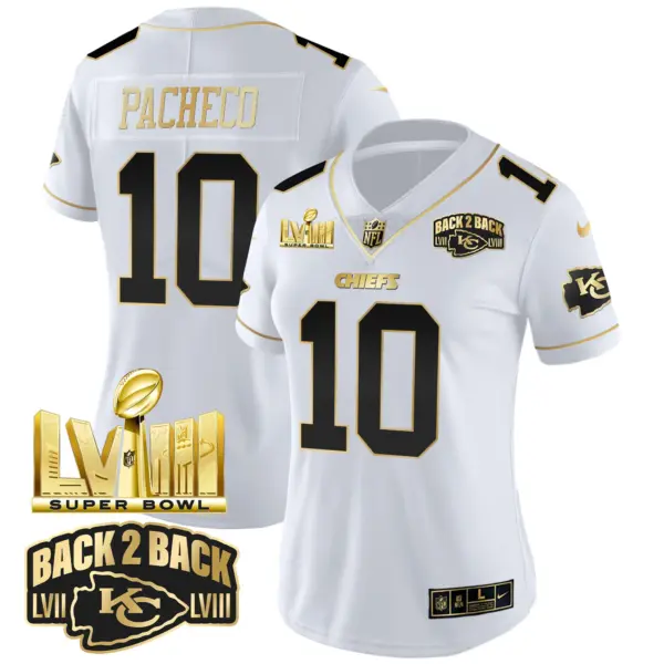 Womens Kansas City Chiefs Super Bowl LVIII Back 2 Back Gold Patch Vapor Jersey V2 Isiah Pacheco Jersey White Gold