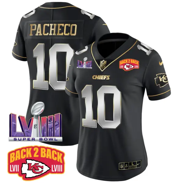 Womens Kansas City Chiefs Super Bowl LVIII Back 2 Back Patch Vapor Jersey V2 Isiah Pacheco Jersey Black Limited