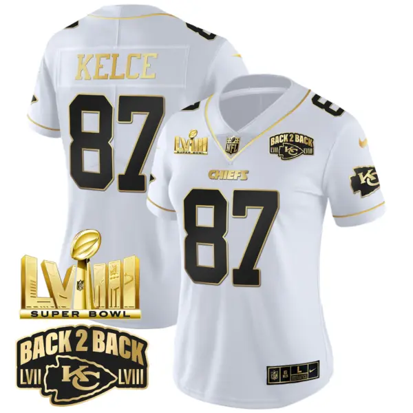 Womens Kansas City Chiefs Super Bowl LVIII Back 2 Back Gold Patch Vapor Jersey V2 Travis Kelce Jersey White Gold